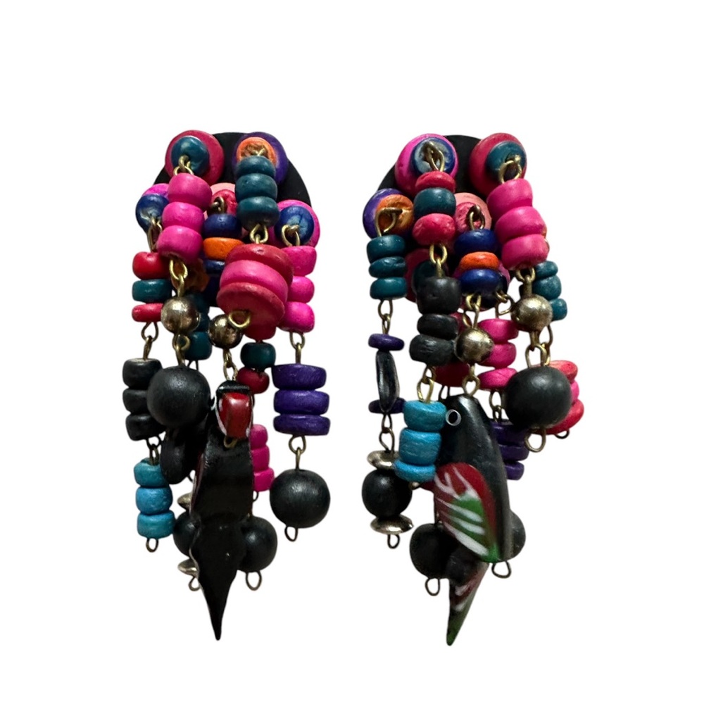 Vintage 80s black multicolor bird wooden dangle earrings